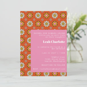 Invitation Groovy Rétro Fleurs Orange Rose Bat Mitzvah
