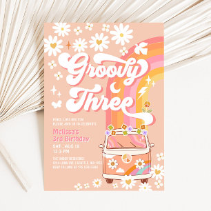 Invitation Groovy TROIS Anniversaire Hippie Fleur de Pêcher R