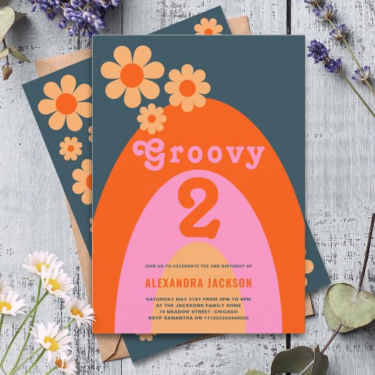 Invitation Groovy Two Retro Fête d'anniversaire 2ème