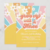 Invitation Groovy Wild Trois Rétro Soleil Arc-en-ciel Marguer (Devant / Derrière)