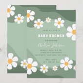 Invitation GroovySage Green Retro Boho Daisy Baby shower (Devant / Derrière)