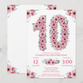 Invitation Gros 10e anniversaire Fille du feuillage vert Fleu (Devant / Derrière)