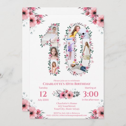 Invitation Gros 10e anniversaire fille photo Collage Fleur ro (Devant / Derrière)