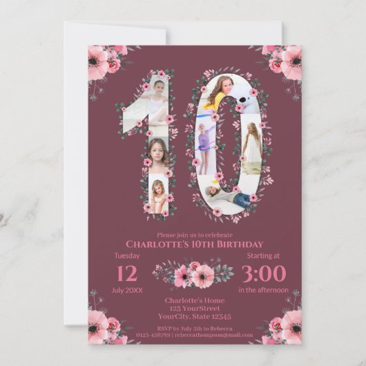 Invitation Gros 10e anniversaire fille photo Collage Fleur ro (Devant)