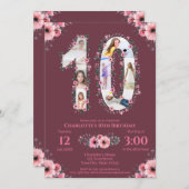 Invitation Gros 10e anniversaire fille photo Collage Fleur ro (Devant / Derrière)