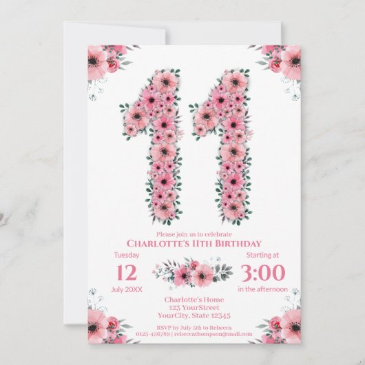 Invitation Gros 11e anniversaire Fille du feuillage vert Fleu (Devant)