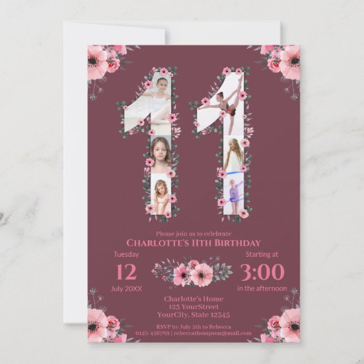 Invitation Gros 11e anniversaire fille photo Collage Fleur ro (Devant)