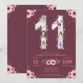 Invitation Gros 11e anniversaire fille photo Collage Fleur ro (Devant / Derrière)