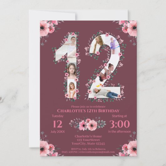 Invitation Gros 12e anniversaire fille photo Collage Fleur ro (Devant)