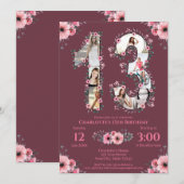 Invitation Gros 13e anniversaire fille photo Collage Fleur ro (Devant / Derrière)