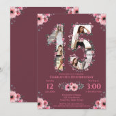 Invitation Gros 15e anniversaire fille photo Collage Fleur ro (Devant / Derrière)