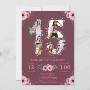 Invitation Gros 15e anniversaire fille photo Collage Fleur ro