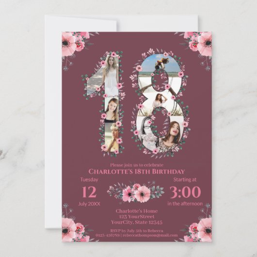 Invitation Gros 18e anniversaire fille photo Collage Fleur ro (Devant)