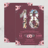 Invitation Gros 18e anniversaire fille photo Collage Fleur ro (Devant / Derrière)