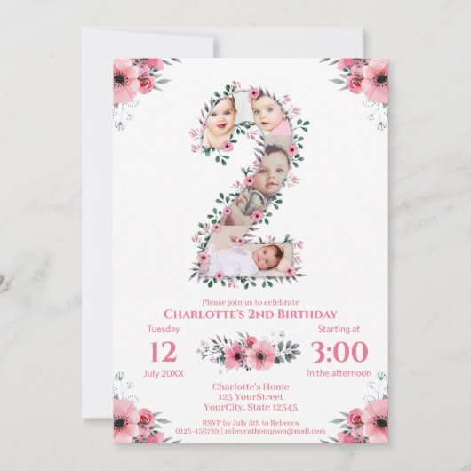 Invitation Gros 2e anniversaire fille photo Collage Fleur ros (Devant)