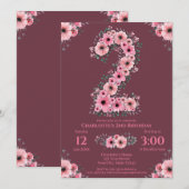 Invitation Gros 2e anniversaire Fleurs roses Fille Foliage ve (Devant / Derrière)