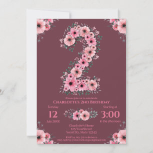 Invitation Gros 2e anniversaire Fleurs roses Fille Foliage ve
