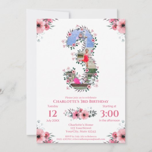 Invitation Gros 3ème anniversaire fille photo Collage Fleur r (Devant)