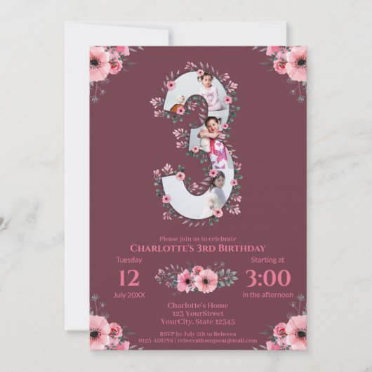 Invitation Gros 3ème anniversaire fille photo Collage rose Fl (Devant)