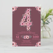 Invitation Gros 4e anniversaire Fleurs roses Fille Foliage ve (Debout devant)