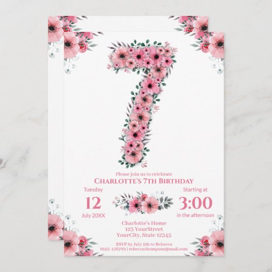 Invitation Gros 7e anniversaire Fille du feuillage vert Fleur (Devant / Derrière)