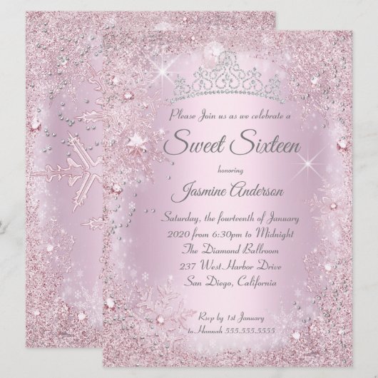 Invitation Gros Argent Rose Wonderland Sweet 16 Tiara (Devant / Derrière)