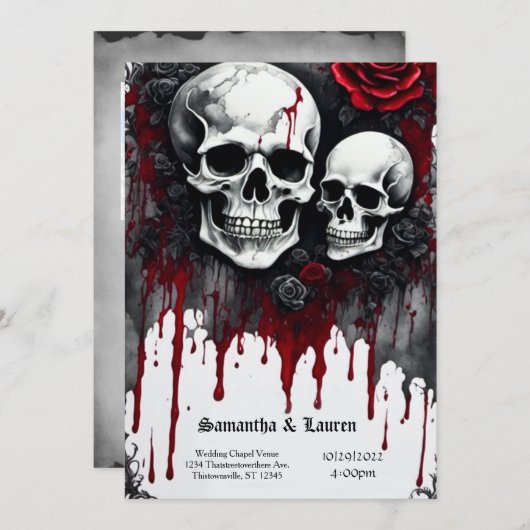 Invitation Gros crânes et Mariage de goth Rose (Devant / Derrière)