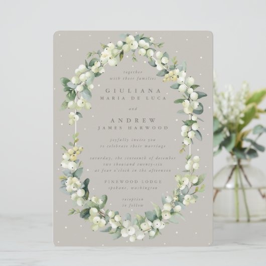 Invitation Gros Mariage d'hiver Greige Snowberry+Eucalyptus (Debout devant)