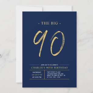 Invitation Gros Ninety Gold & Navy Blue 90th Birthday Party
