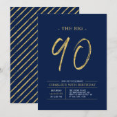 Invitation Gros Ninety | Gold & Navy Blue 90th Birthday Party (Devant / Derrière)