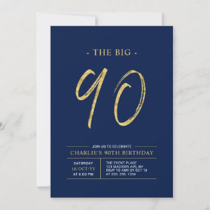 Invitation Gros Ninety   Gold & Navy Blue 90th Birthday Party