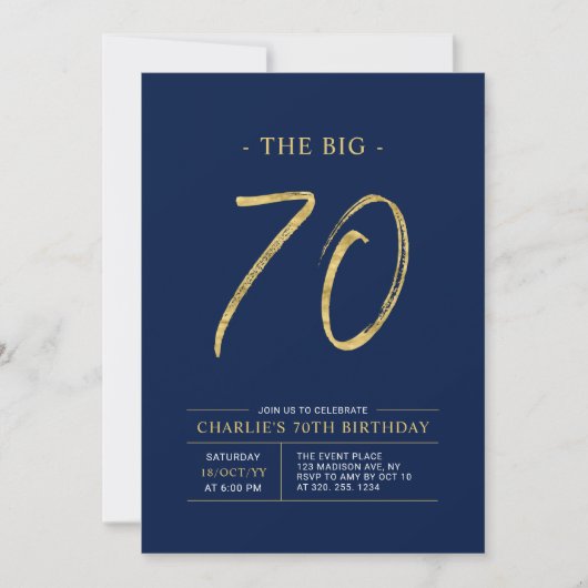 Invitation Gros Soixante-Dix | Gold & Navy Blue 70th Birthday (Devant)