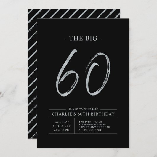 Invitation Gros soixante | Soirée Argent et Noir 60e annivers (Devant / Derrière)