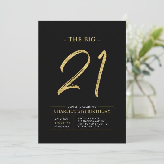 Invitation Gros Vingt et un | Gold & Black 21st Birthday Part (Debout devant)