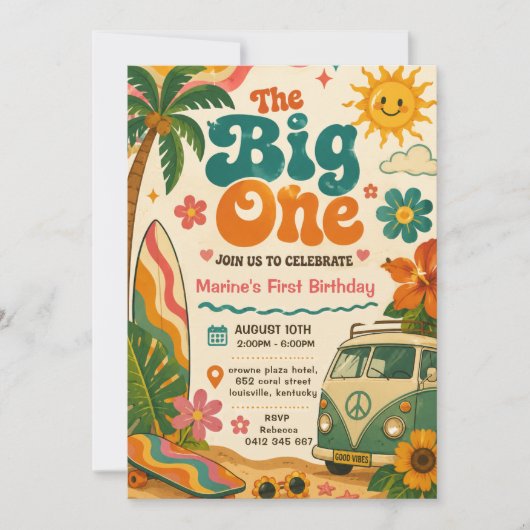 Invitation Grosse Fête Du Premier Anniversaire Rétro Surf (Devant)