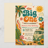Invitation Grosse Fête Du Premier Anniversaire Rétro Surf (Devant / Derrière)