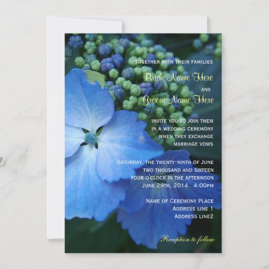 Invitation Grosse feuille bleu hydrangea fleurs mariage (Devant)