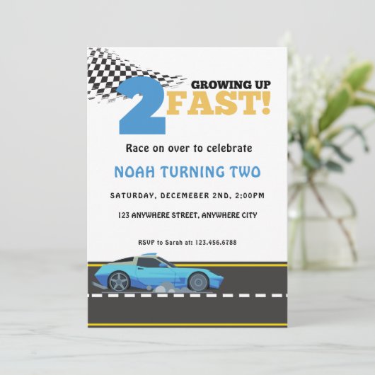 Invitation Grossesse Deux Course Bleue Rapide Voiture Anniver (Debout devant)