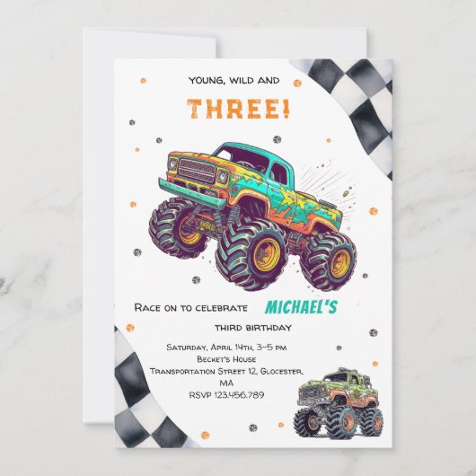 Invitation Grossissant à jeun monstre camions garçon annivers (Devant)