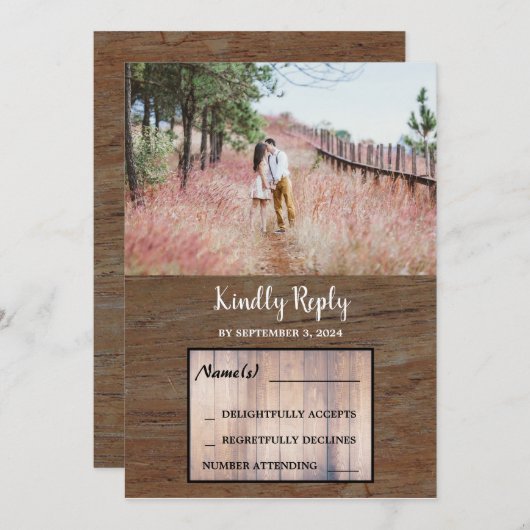 Invitation Grotte rustique en bois photo mariage RSVP (Devant / Derrière)