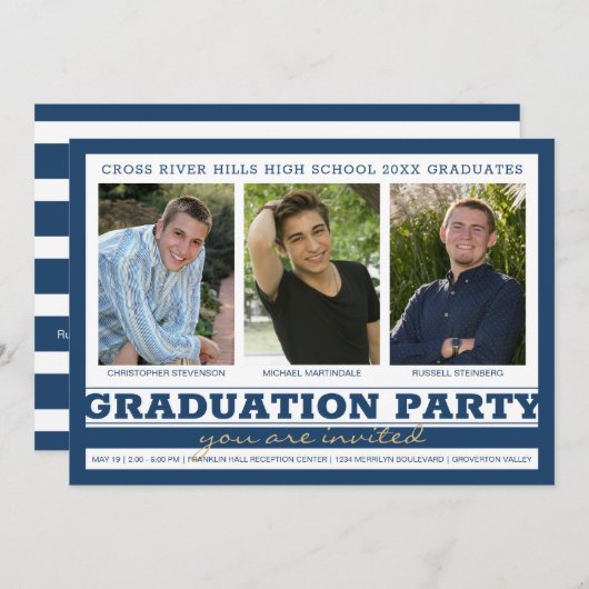 Invitation Group Graduation Party Three Photo Blue (Devant / Derrière)