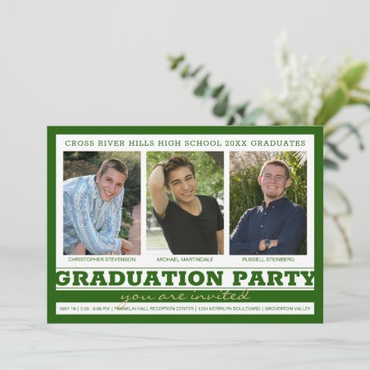 Invitation Groupe Graduation Party 3 Photos Vert (Debout devant)