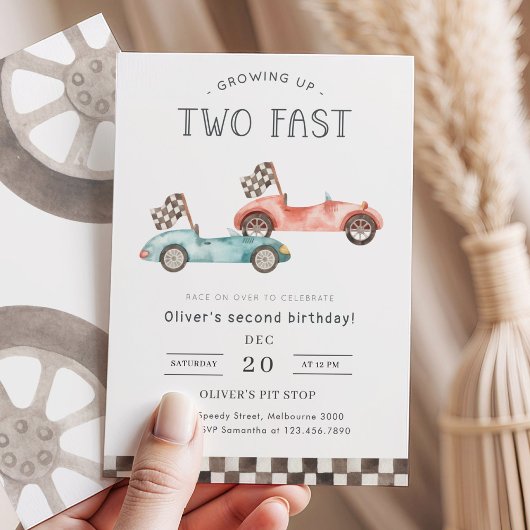Invitation Growing Up Two Fast Blue & Red Race Car Birthday