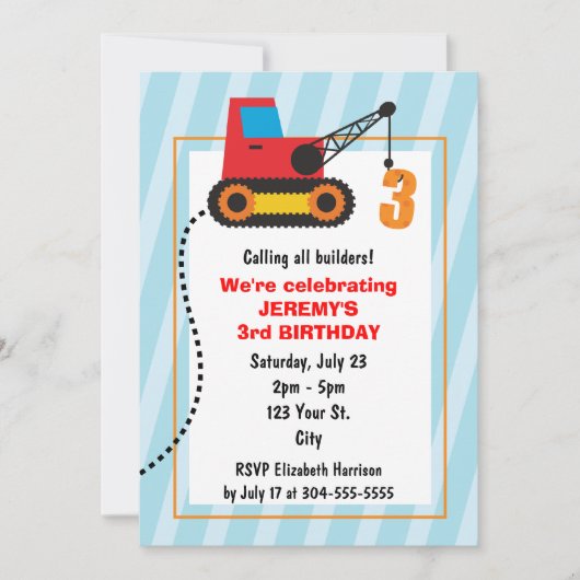 Invitation Grue de construction 3e anniversaire (Devant)