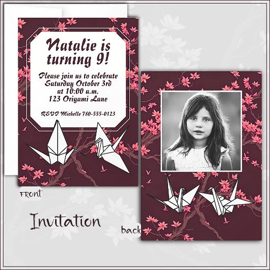 Invitation Grue de papier rose Origami Fleur de cerisier