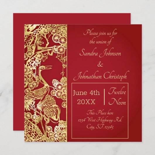 Invitation Grues d'or chinoises sur le Mariage rouge (Devant / Derrière)