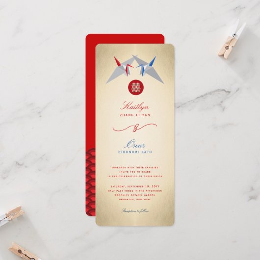 Invitation Grues en papier rouge et bleu Origami Mariage chin (Devant/Arrière en situation)