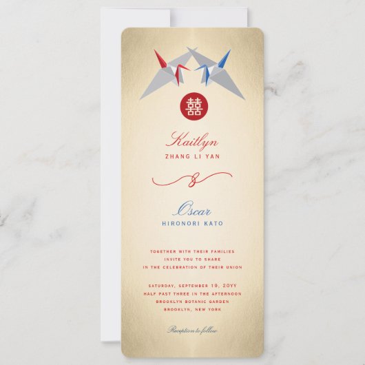 Invitation Grues en papier rouge et bleu Origami Mariage chin (Devant)