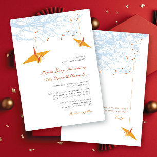 Invitation Grues origami orange suspendus et citation d'amour