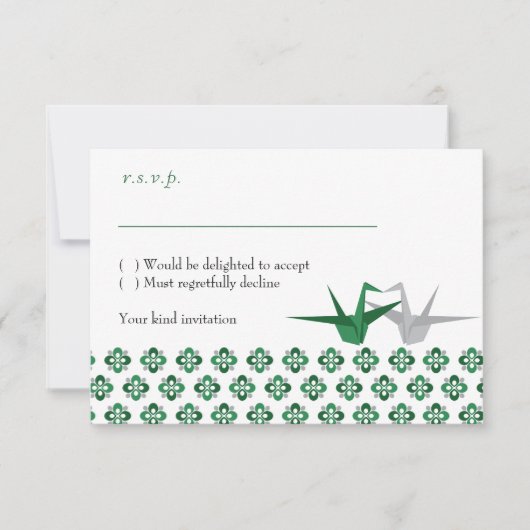 Invitation Grues Origami vert / Argent Grues Mariage RSVP (Devant)
